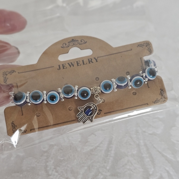 Blue Evil Eye And Hamsa Hand Bracelet with Silver Accents- New In Package - Picture 6 of 6